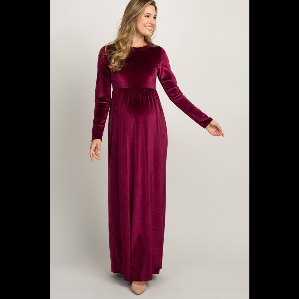 BURGUNDY BASIC VELVET MATERNITY DRESS